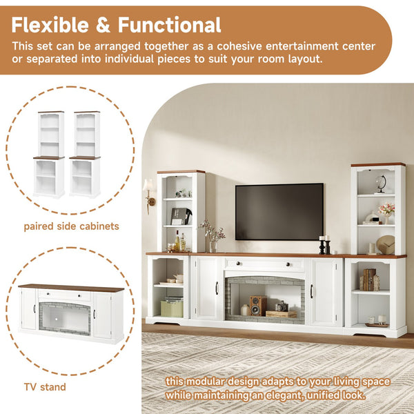 English Elm 3-piece Farmhouse Entertainment Center with Curved Cabinets Walnut Mdf Modular Living Room White N721S000068K