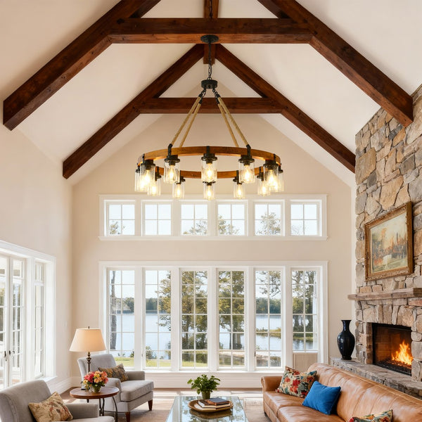 English Elm 12-light Wagon Wheel Chandelier Solid Wood Frame Seeded Glass Farmhouse Pendant W5008P390674