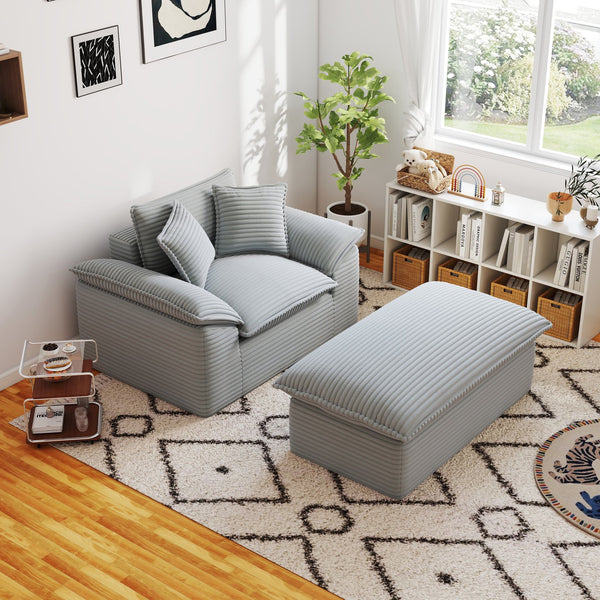 English Elm 47.25" Oversized Chaise Lounge with Ottoman Antique Grey White Corduroy, Plush Pillows, No Assembly T3936P390323