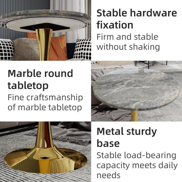 English Elm Marble-Top Round Side Table With Gold Pedestal Base - Modern Minimalist Accent For Any Space W1935P353526