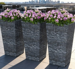 English Elm Outdoor Tall Rattan Style Column Planters Set of 3 Uv Resistant Pp with Drainage T3971P423222