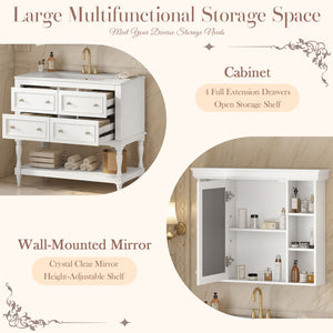 English Elm 36'' Modern Bathroom Vanity with Ceramic Sink and Medicine Cabinet, Solid Wood Frame, 4 Drawers, Waterproof Finish White SW000138AAK-1