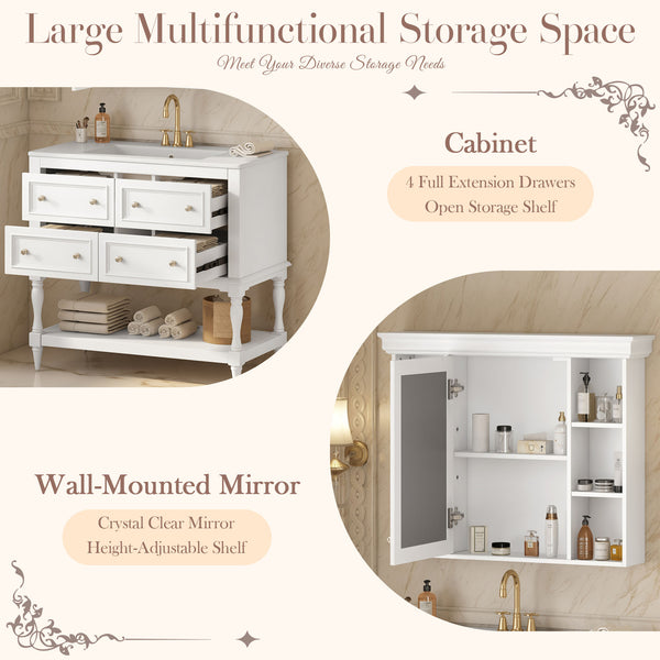 English Elm 36'' Modern Bathroom Vanity with Ceramic Sink and Medicine Cabinet, Solid Wood Frame, 4 Drawers, Waterproof Finish White SW000138AAK-1