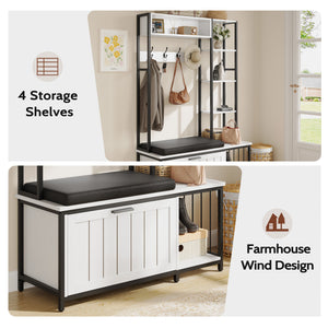 English Elm Hall Tree Entryway Organizer with Cushioned Bench Shoe Cabinet and Coat Hooks White+Black T5618P448216