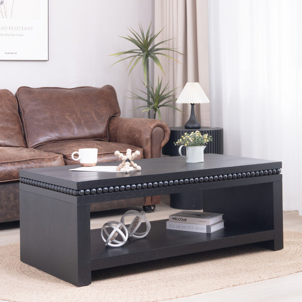 English Elm Modern Black Coffee Table With Beaded Trim – 52" Stylish Storage Solution For Contemporary Living Spaces W2729P298165