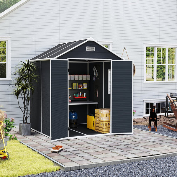 English Elm Campcraft Resin Storage Shed 6x6 Ft with Thick Pp Panels Uv Resistant Lockable W1598S00026