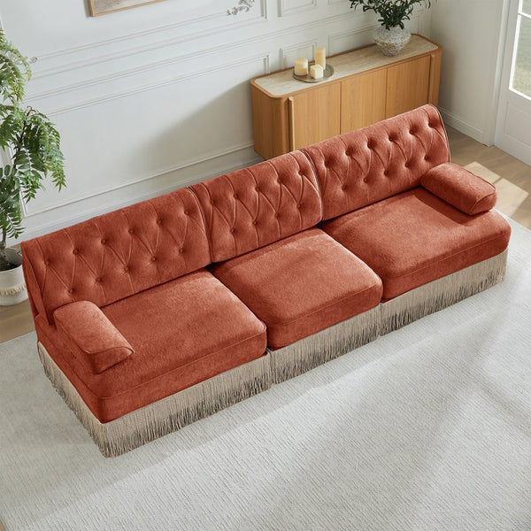 English Elm 3-seater Velvet Tufted Sofa with Tassel Fringe Skirt French Luxe Living Room Seating Red+Brown W714S01722