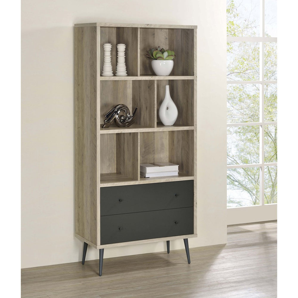 English Elm Minerva Staggered Shelf Bookcase with Drawers in Distressed Pine Scandinavian Style B062P447806