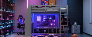 English Elm Wood Twin Size Gaming Loft Bed With Desk, Shelves, Led Lights & Clothes Rack - Gray Space Saver! N7090001041E-GIGA