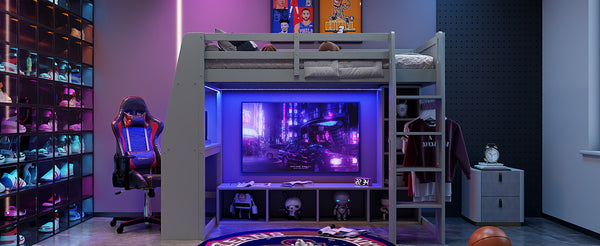 English Elm Wood Twin Size Gaming Loft Bed With Desk, Shelves, Led Lights & Clothes Rack - Gray Space Saver! N7090001041E-GIGA