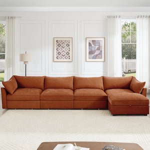 English Elm L-Shaped 4-Seater Sectional Sofa With Movable Ottoman & Storage, Soft Chenille In Chic Orange W3041S00210