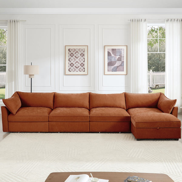 English Elm L-Shaped 4-Seater Sectional Sofa With Movable Ottoman & Storage, Soft Chenille In Chic Orange W3041S00210