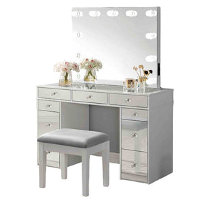 English Elm Contemporary Glam Vanity with Rhinestone Trim and Tempered Glass Top, High Gloss Finish, Illuminated Appeal Gray,White 26 L x 21 W x 32 H B2741S00685
