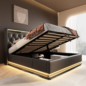 English Elm Queen Upholstered Bed with Surround LED, App/Remote Control, Hydraulic Storage, USB Type-C Charging Black N736P188807B