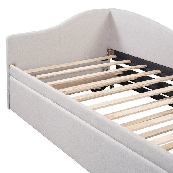 English Elm Twin Upholstered L-Shaped Daybed with Pop-Up Trundle, Space-Saving Guest Bed with Slats Kit and 400lb Capacity Beige SF000193AAA