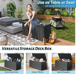 English Elm 190 Gallon Metal Deck Box Waterproof Steel Outdoor StorageBench with Lock, Wheels, Hydraulic Pistons Dark Gray W1859P404343