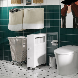 English Elm HOMCOM Slim Rolling Bathroom Cabinet with Shelf & 2 Drawers, Locking Wheels, MDF 6.25"x20.5"x28.25" W2225P216996
