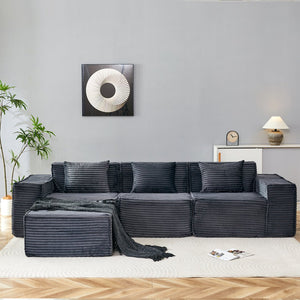 English Elm L-shaped Corduroy Sectional with Ottoman Three Seat Modular Sofa for Modern Living Dark Gray W2699S00080