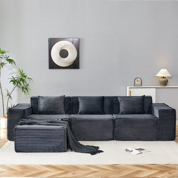 English Elm L-shaped Corduroy Sectional with Ottoman Three Seat Modular Sofa for Modern Living Dark Gray W2699S00080