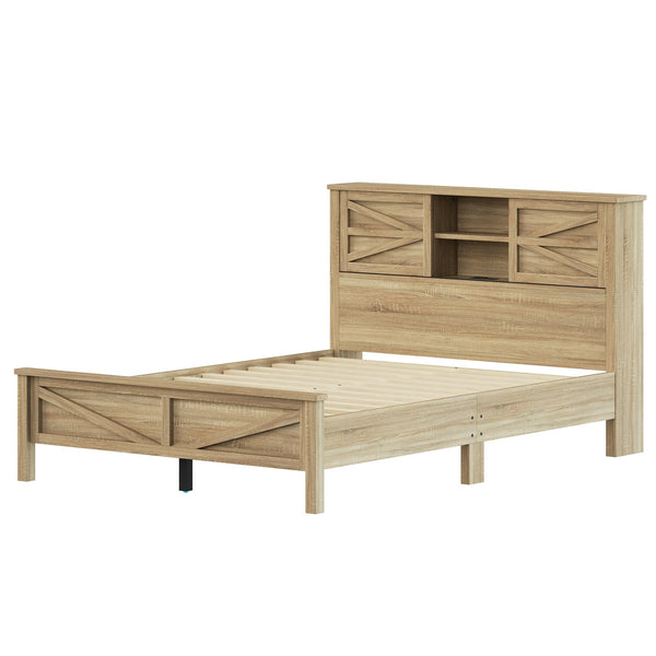 English Elm 3-Pieces Bedroom Set Full Size Farmhouse Platform Bed with Storage Headboard, Nightstand & Dresser Natural 46.25 L x 9.25 W x 9 H N733S369037M