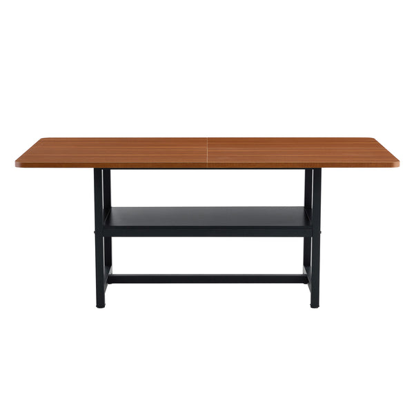 English Elm Table and Chair Set 71 Inch Walnut Grain Dining with 6 Pu Upholstered Seats Walnut+Black W1151S04278