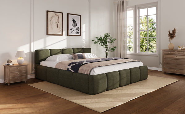 English Elm King Platform Bed Linen Upholstered Block Silhouette Solid Wood Frame Bedroom Anchor N757P385454D