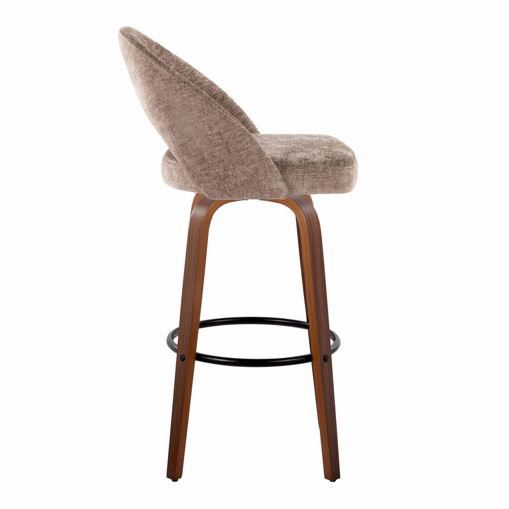 English Elm Fixed-height Mid-century Barstools with Walnut Legs and Grey Upholstered Seats Set B202S01931