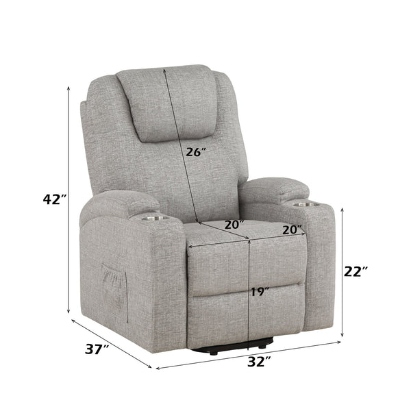 English Elm Light Gray Plush Chenille Recliner with Power Lift, Massage, Dual Cup Holders & Pocket Coil Comfort B2726P405681