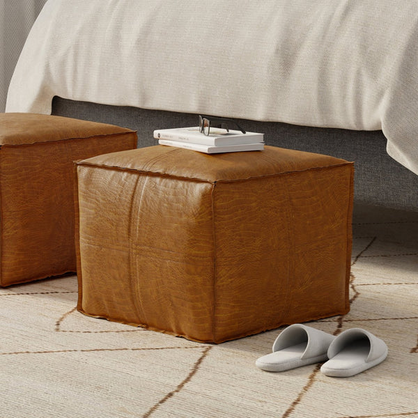English Elm Brody Genuine Leather Square Pouf Handcrafted Patina Finish Rustic Living Room Accent B136P427584