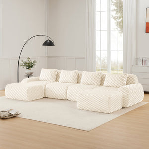 English Elm 146" U-shaped Modular Sectional Flannelette Sofa with Ottoman for Spacious Living Rooms Cream W714S01523