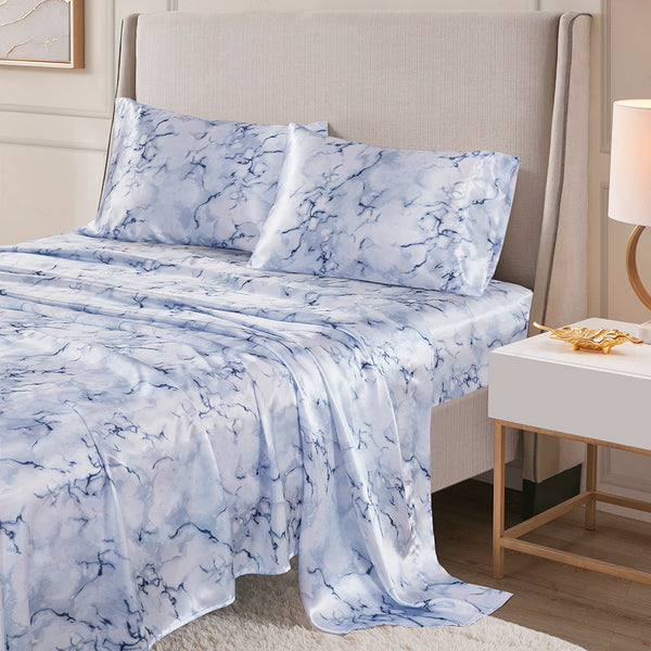 JLA Home Madison Park Essentials - Sheet Satin Luxe Set with Silky, Wrinkle-Resistant Fabric and Elegant Marble-Inspired Blue Pattern for Beauty Sleep Blue Marble MPE20-1027