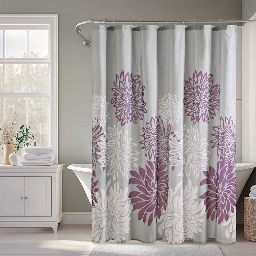 JLA Home Madison Park Essentials - Printed Floral Maible Shower Curtain 72x72, Ultra-Soft Microfiber Grey with Purple/White Blooms, Machine-Washable MPE70-816