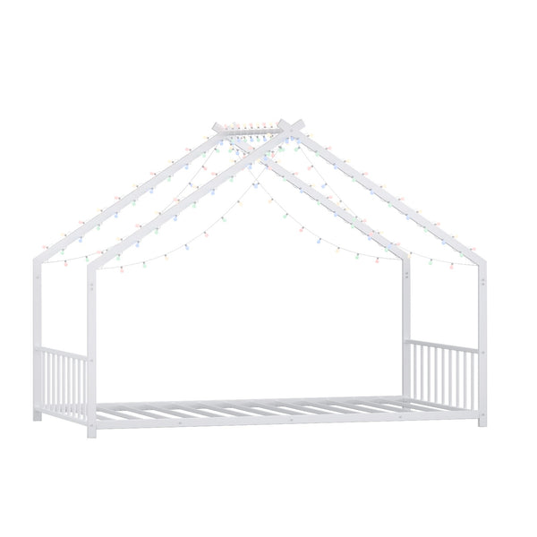 English Elm Twin iron roof bed frame with LED light strips for kids, sturdy 350lb capacity, easy 30-min assembly White W1820P308330