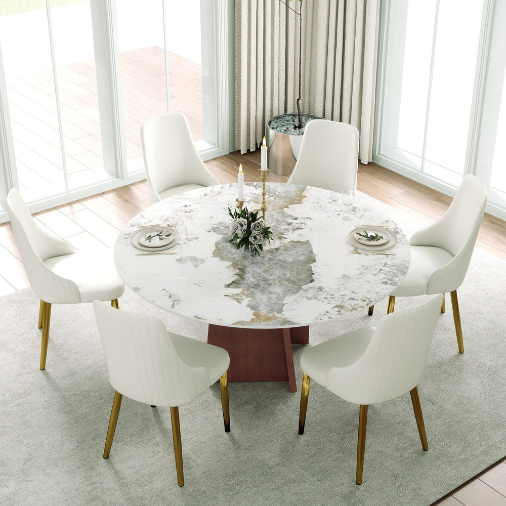 English Elm 59.05" Round Marble Dining Table For 8 - Elegant Iron Base, Durable Design For Modern Homes & Dining W1535S00487