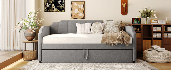 English Elm Twin Linen Upholstered Daybed with Pop up Trundle and Built in Usb Charging Gray SF000199AAE