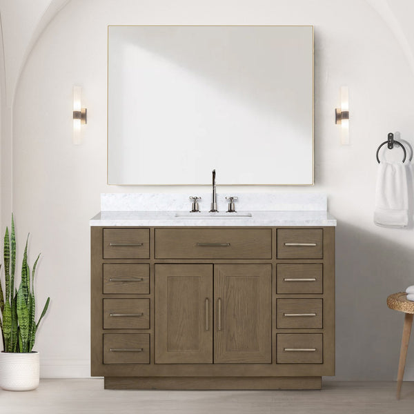 English Elm Grey Oak Single Bath Vanity Set With Carrara Marble Top & Frameless Mirror – Stylish Storage Solution B2731S01407