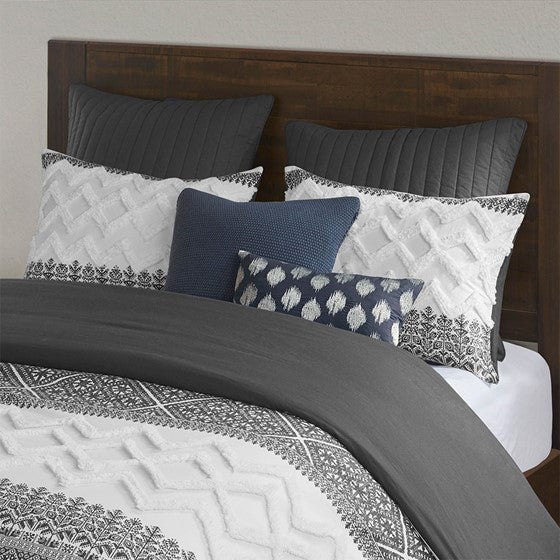 English Elm Full/Queen Mila 3-Piece Cotton Duvet Cover Set with Gray Botanical Print & Chevron Chenille Tufting, Reversible Comfortable Design B03596501