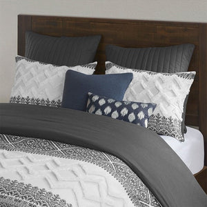English Elm King/Cal King Mila 3-Piece Cotton Duvet Cover Set with Chenille Tufting, Gray Botanical Chevron Design, Button Closure, Machine Washable B03596502