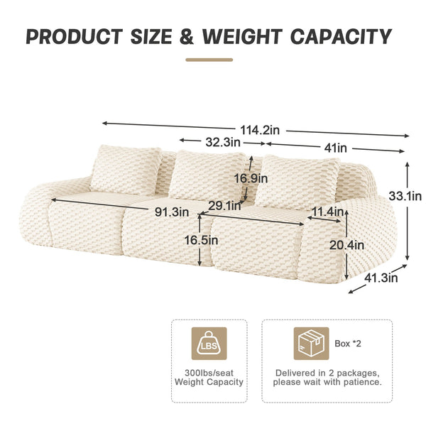 English Elm 114" Modular Cloud Sectional Sofa Flannelette Upholstery Deep Seat Living Room Couch Cream W714S01518