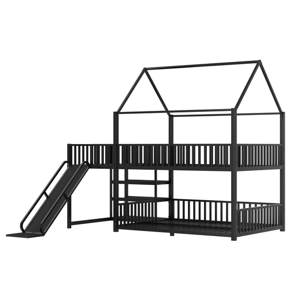 English Elm Full Metal House Bunk Bed with Slide Storage Stairs and Safety Rails for Kids W1580S00345