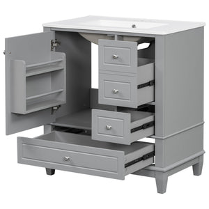 English Elm Christopher Knight Home® - 30" Freestanding Bathroom Vanity with Ceramic Sink, Soft-Close Door, Gold Knobs & 3 Drawers, Durable Painted Finish Grey N759P225994E