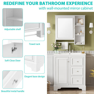 English Elm 30-inch bathroom vanity mirror cabinet set with ceramic sink, solid wood build, 3 drawers & shelves White SV000028AAK