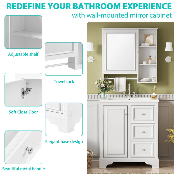 English Elm 30-inch bathroom vanity mirror cabinet set with ceramic sink, solid wood build, 3 drawers & shelves White SV000028AAK