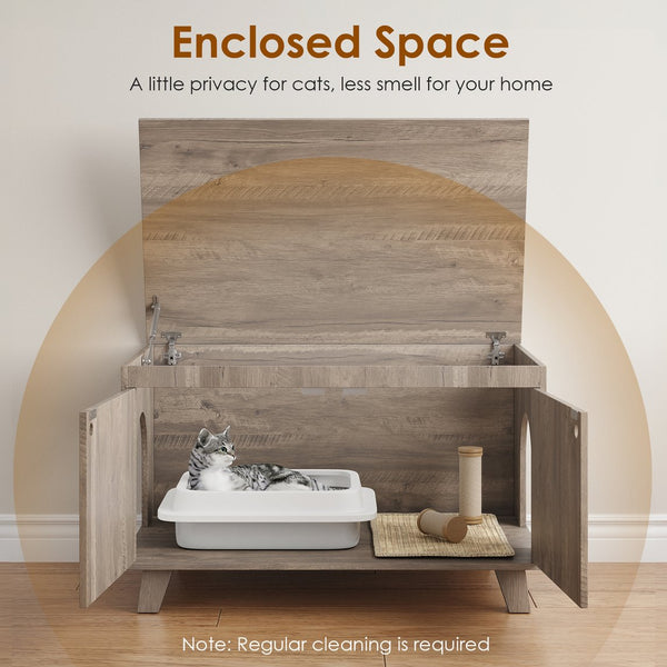 English Elm Flip Top Hidden Cat Litter Box Enclosure with Rattan Doors, Flip-Top Access, Odor Control, Stylish Table Ready Grey T3623P354970