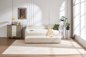 English Elm Twin Velvet Daybed with Pull Out Trundle Tufted Back Usb Port and Side Pockets Beige W1361S00035