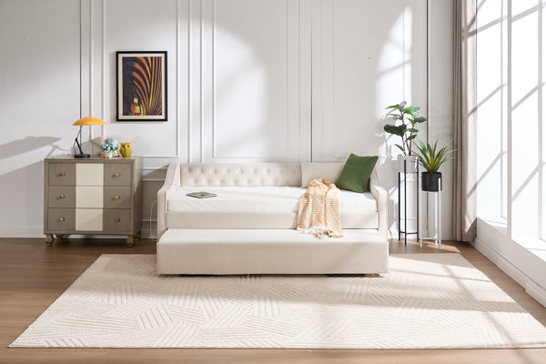 English Elm Twin Velvet Daybed with Pull Out Trundle Tufted Back Usb Port and Side Pockets Beige W1361S00035