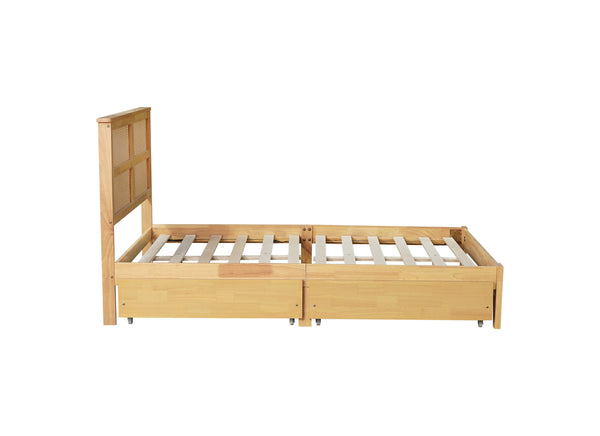 English Elm Full Full Size Bed with Rattan Headboard and Two Underbed Storage Drawers, Rubberwood Slat Support White Oak W504P269606