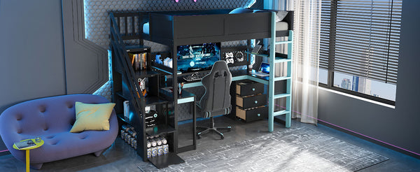 English Elm Full Size Gaming Loft Bed with Led Lighting Desk Shelves and Usb Charging Ports N820S00070C
