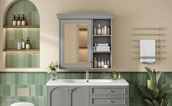 English Elm 30'' Wall Mount Bathroom Cabinet with Mirror Soft Close Door and Adjustable Shelf Gray N710P209425E