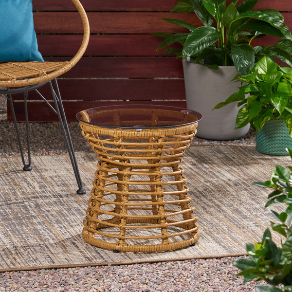 English Elm Christopher Knight Home® - SAN PEDRO SIDE TABLE Light Brown Rattan with Tempered Glass Top Boho Patio Accent Durable 15.8"H 65760.00LBRN